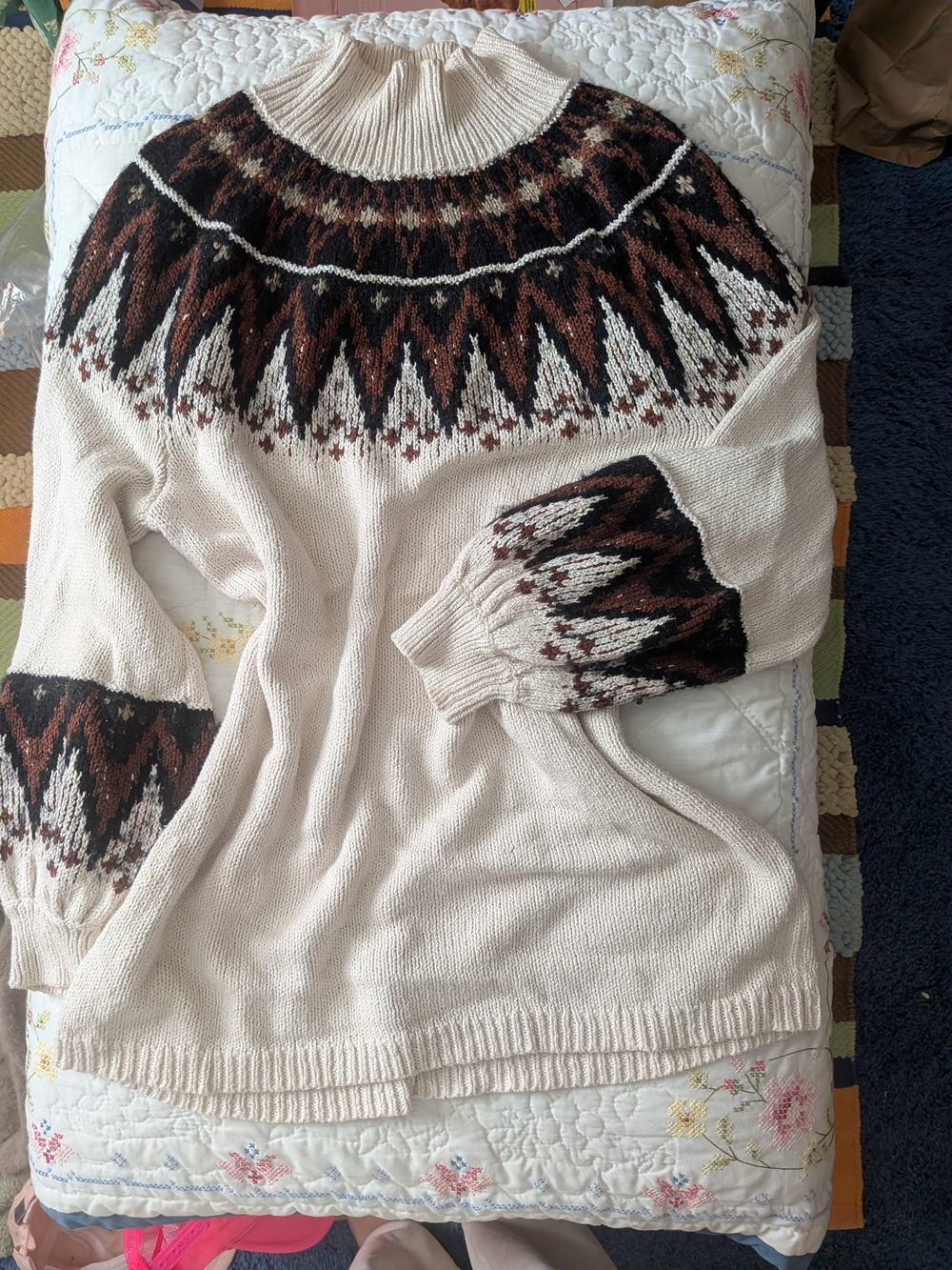 Free People Cream Cowl Neck Sweater with Brown & Black Nordic Yoke